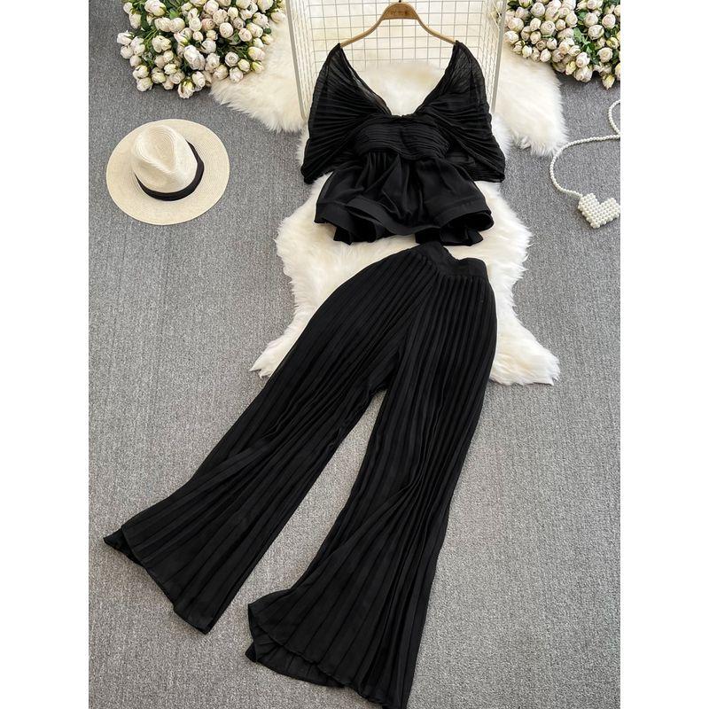 Sanzhai Ruched Batwing Sleeve Lotus Leaf Swing Fashion Suit