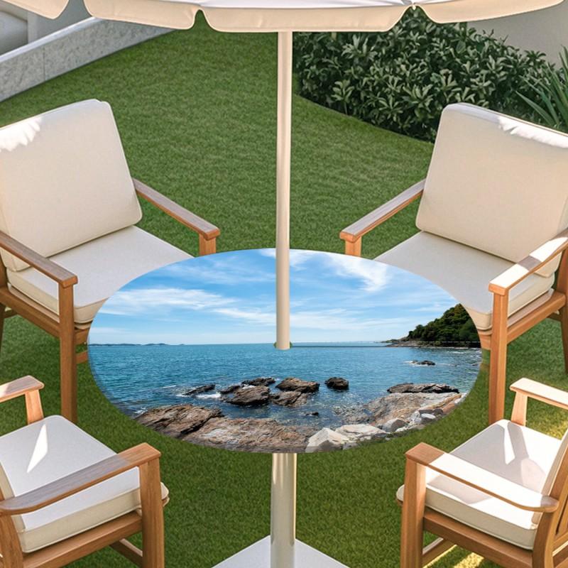 Outdoor Round Table Cover With Nature Print Waterproof Elastic Hem Patio Garden Deck