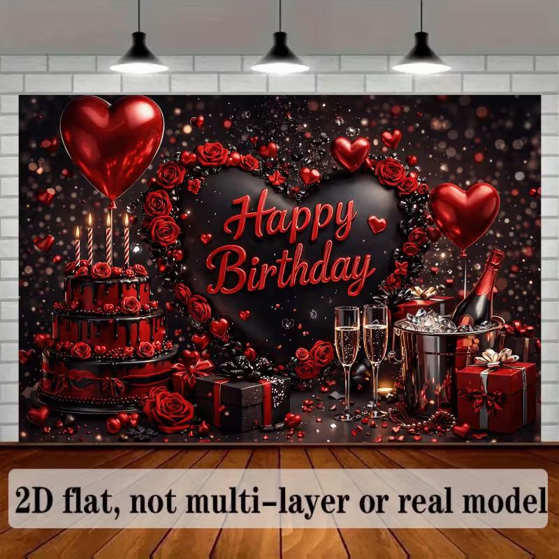 2D Flat Red & Black Birthday Banner 2D Fabric Backdrop for Adult & Romantic Birthday Party Decoration