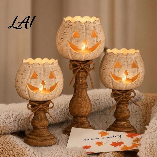 Harvest Theme Home Decorations Rustic White Pumpkin Tealight Candle Holder Set Farmhouse Halloween Tea Light Party Table Accents Holders Decor Fall