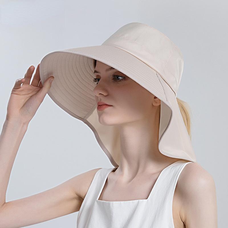 Women Snap Fastener Big Brim Hat Protection Visors Bucket Hat Sunscreen Fisherman Hats Outdoors Fishing Cap Ponytail Sun Hat