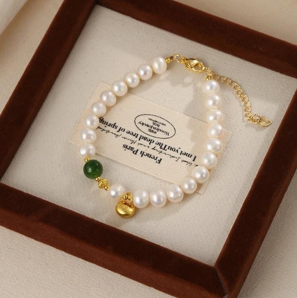 Natural pearl bracelet simple and versatile jasper bracelet national style small lucky bag pendant jewelry