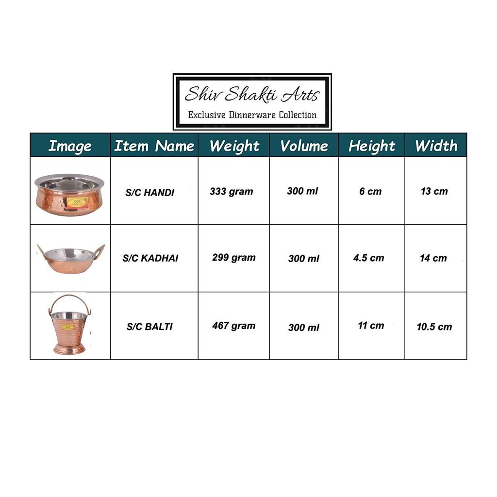 Copper Tableware Serving Set - Dinnerware Combo (1 Bucket, 1 Kadhai, 1 Handi), 3 Pieces