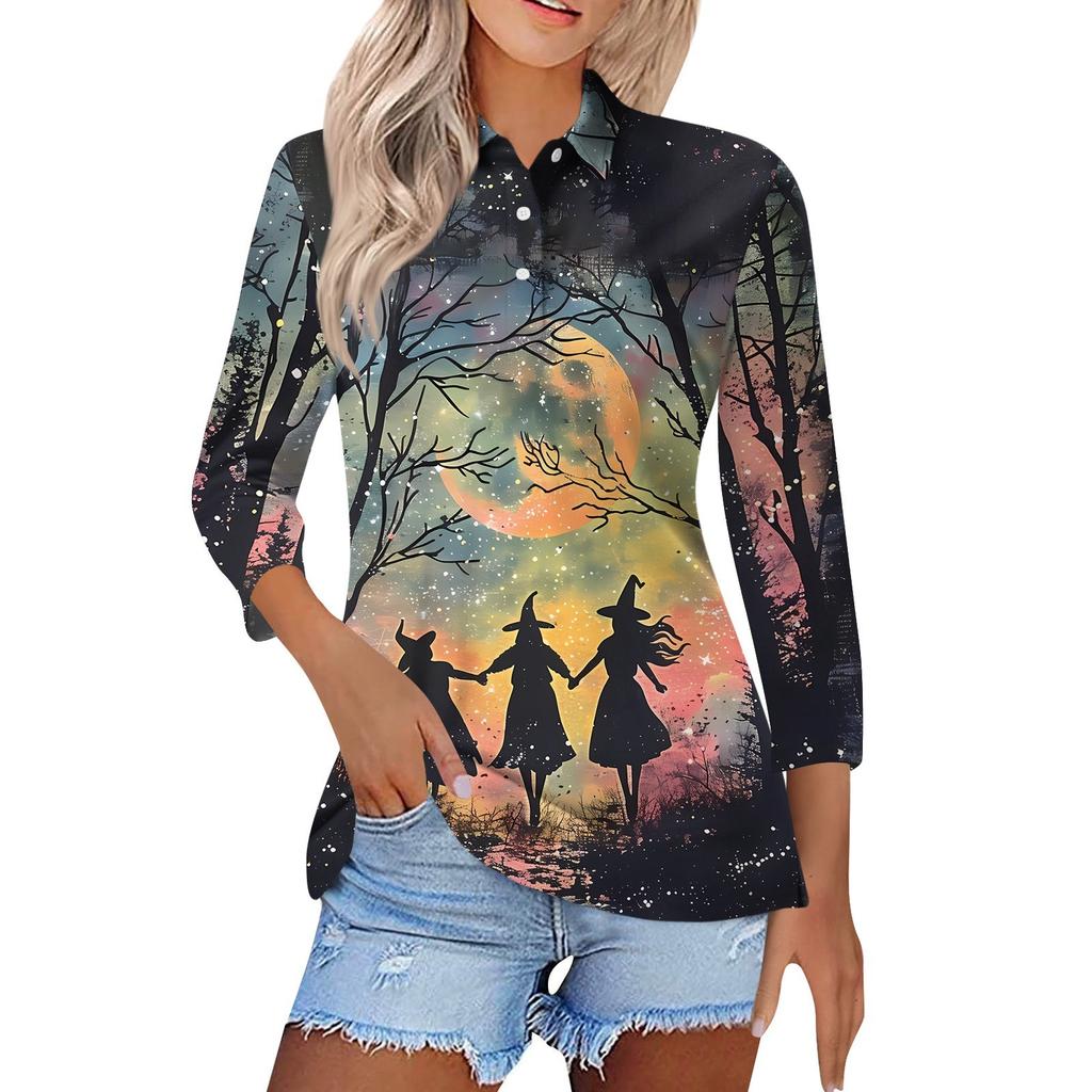 Women's Fashion Casual Lapel Short 3/4 Sleeve Halloween Print Shirt Women's Button Up Tops