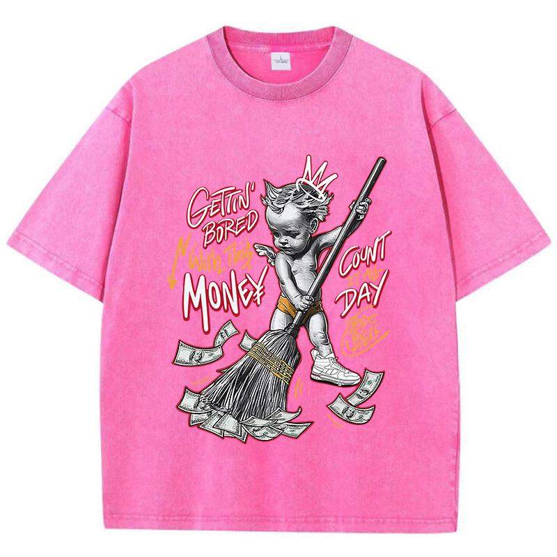 Woman Acid Wash T-Shirts Gettin Bored With This Money Prints Tops Oversize Comfortable Crewneck Tee Shirts Clothes
