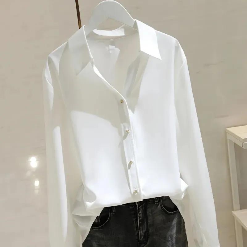

Women s Long Sleeve Blouse Button Down Loose Fit Satin-Like Casual Office Shirt L білий