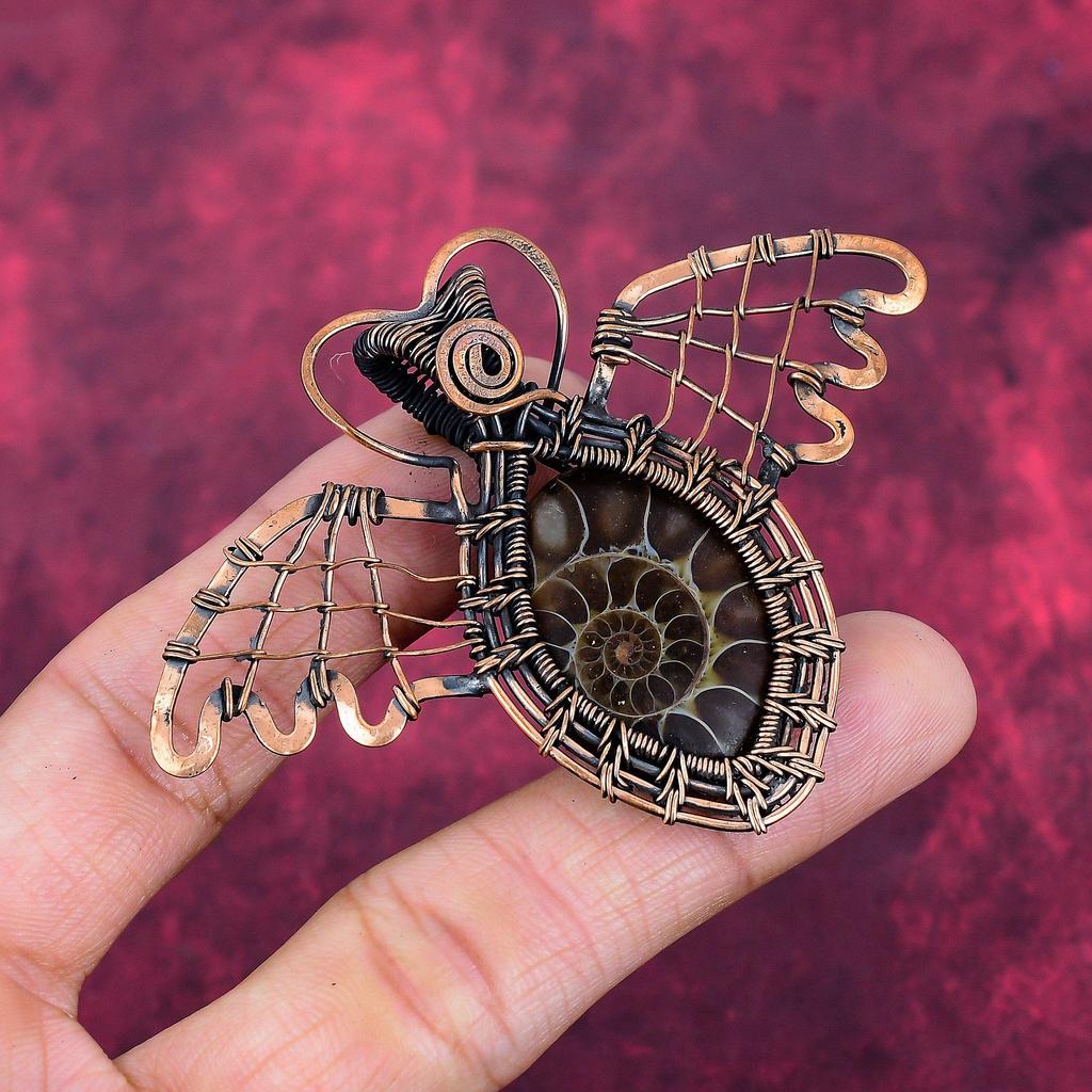 Ammonite Fossil Pendant Copper Wire Wrapped Butterfly Pendant Gemstone Jewelry