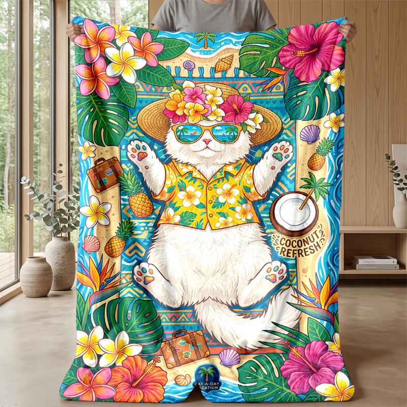Summer Cat Paradise Theme blanket Lightweight Warm Flannel Blanket Decorative Throw Blanket for Home Decoration