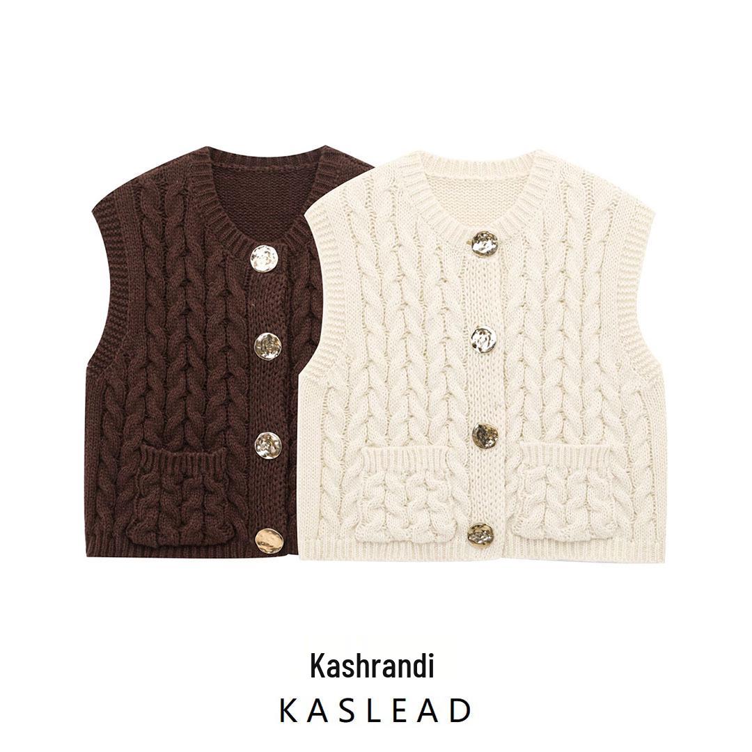 

2025 Spring Fashion: Women s European & American Style Cable Knit Vest with Gold Buttons Small каштановий