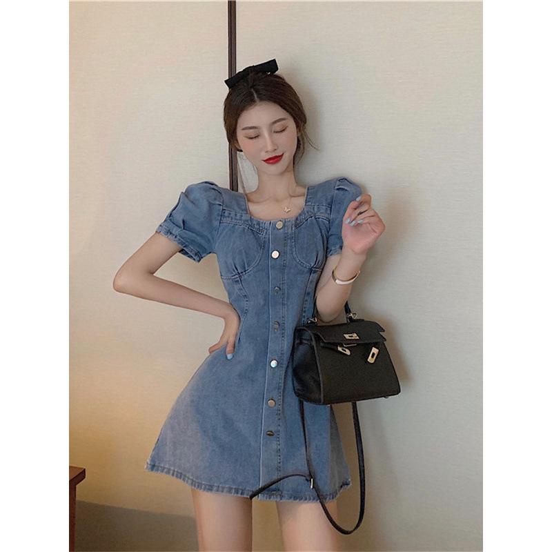 Women's Plus Size Slimming Denim Bubble Sleeve Dress - Summer Waist-Cinching Suspender Skirt