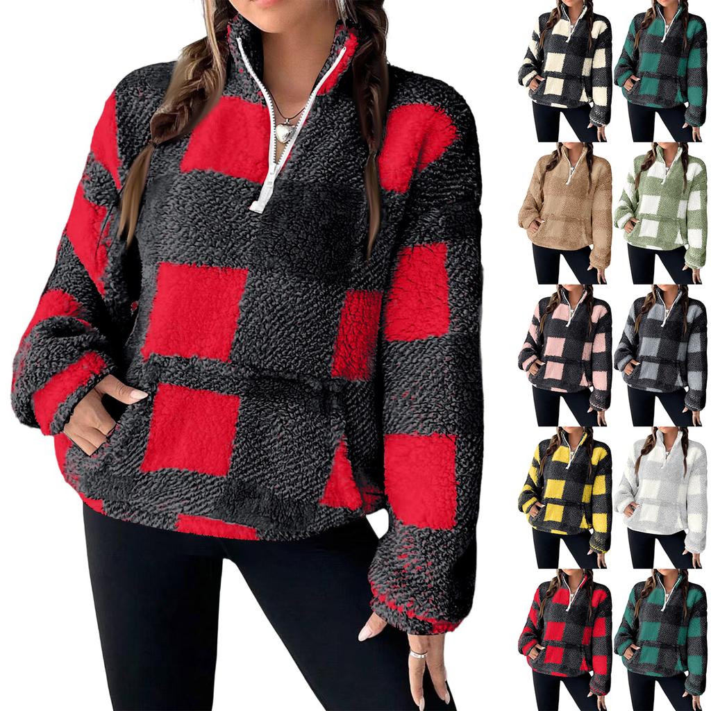 Damen Karo Halb-Reißverschluss Langarm Sweatshirt Lässiger Pullover