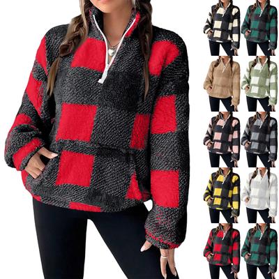 Sweatshirt à carreaux pour femme avec demi-fermeture éclair et manches longues - Pull décontracté
