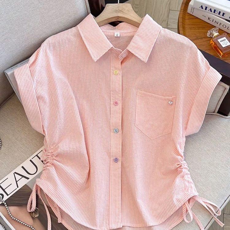 Summer 2025 Women's Striped Short Sleeve Shirt Korean Style Loose Fit Casual Versatile Short Length Drawstring Top