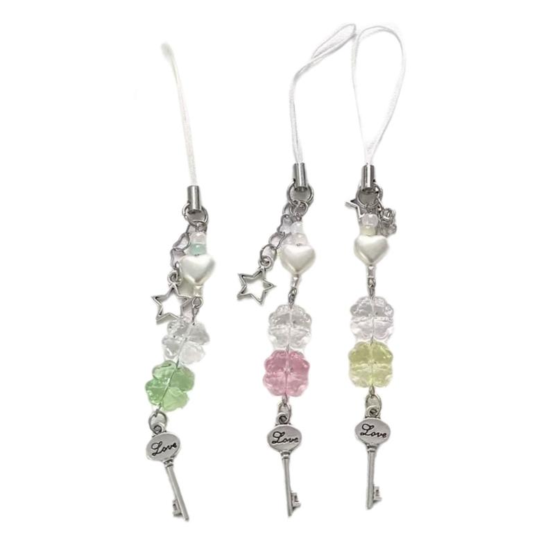 

3pcs Handmade Beaded Phone Lanyard Four Leaf Clovers Phone Chain Acrylic Beaded Phone Pendant Phone Jewelry for Key Bag 1