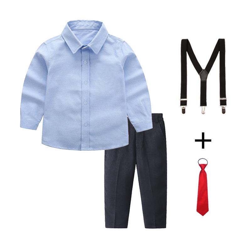 Boys' White and Blue Long-Sleeved Shirt & Black Long Pants Set Performance Costume