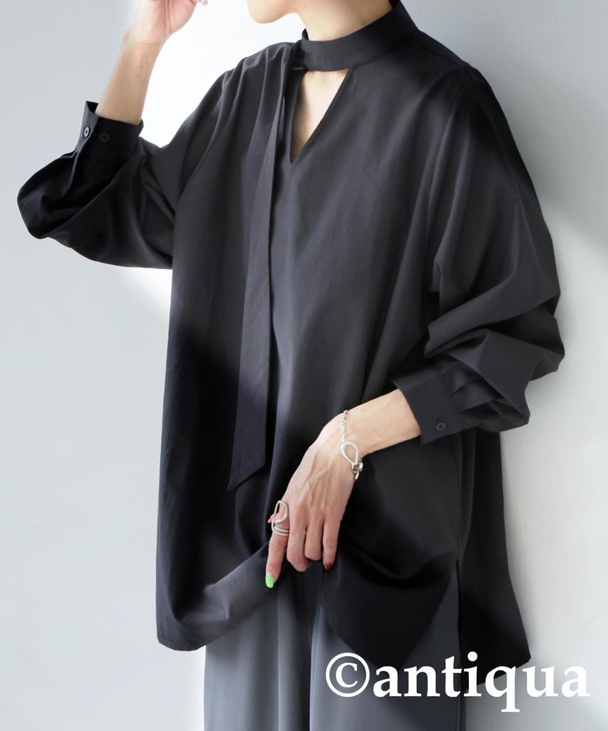 antiqua Tie Layered Shirt One Size Black Women's Blouse, PK-01317, 05,