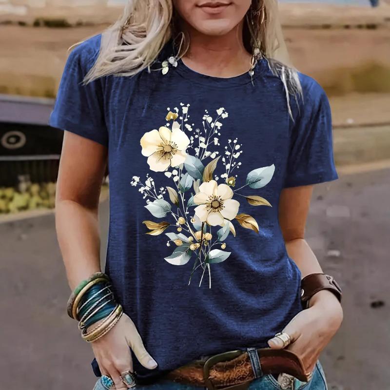 A New Summer Short-sleeved Women's T-shirt with Plant and Floral Prints