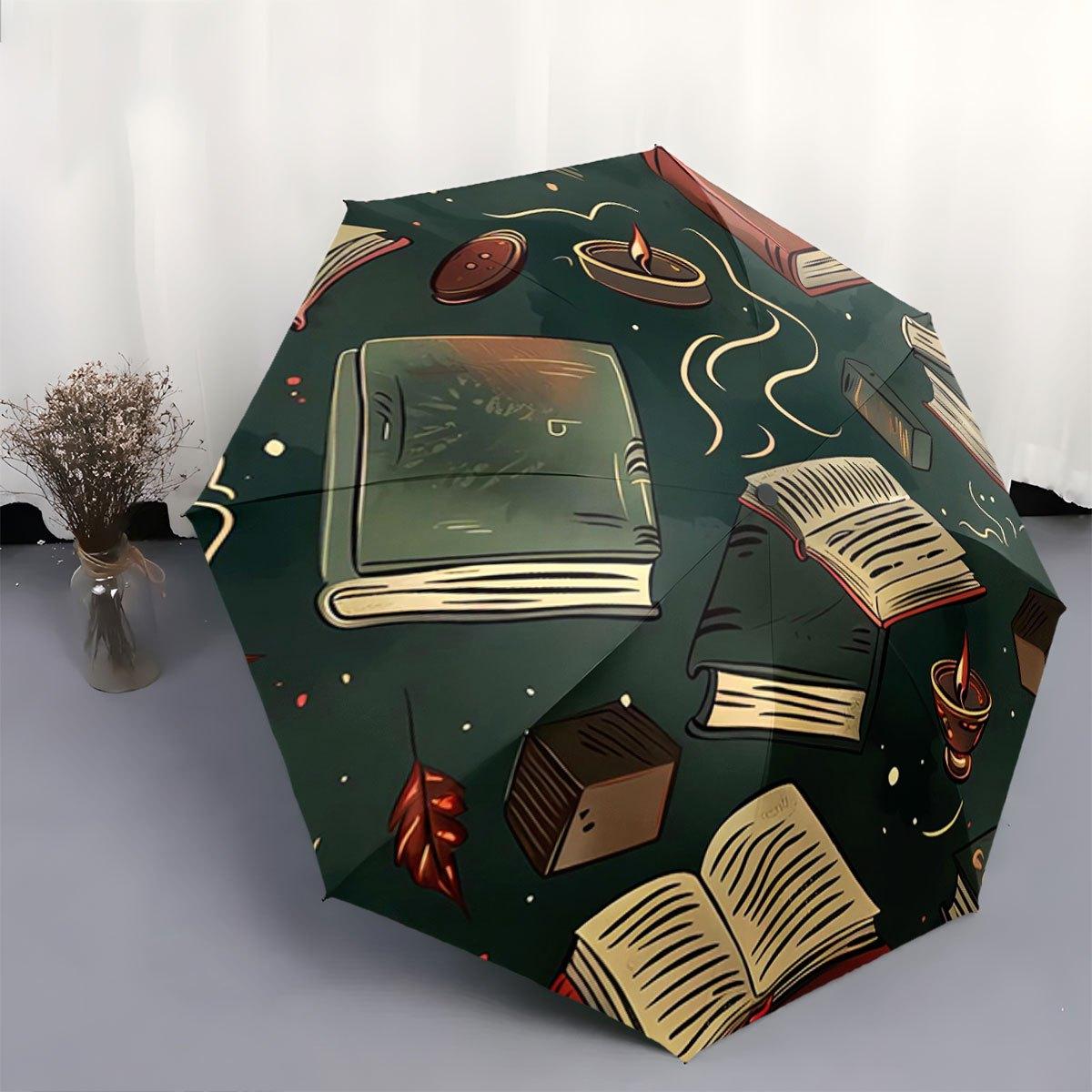 

Automatic Folding Umbrella Books and candles pattern. Portable collapsible design, casual outdoor accessory, for all seasons, (as the picture,Iron&8K)