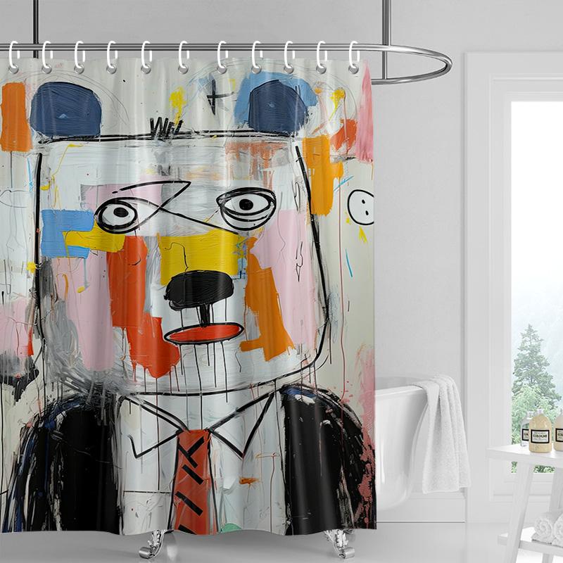 Edgy Cartoon Bear Shower Curtain - Yellow with Graffiti Text & Bold Colors, Waterproof with Grommets, Urban Bathroom Decor