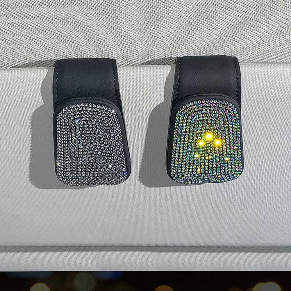 Portaocchiali da sole in cristallo con strass per auto, clip per custodia per occhiali da sole per auto, aletta parasole, supporto per biglietti da visita, fissaggio, accessori per auto