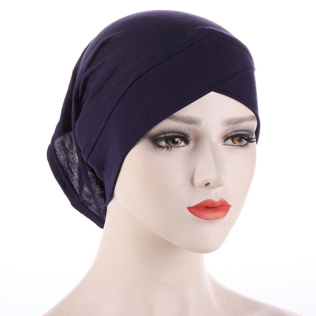 Solid Color Frontal Cross Women Muslim Hijab Caps Wrap Head Soft Elastic Turban Bonnet Chemo Cap Fashion Headdress Wearable