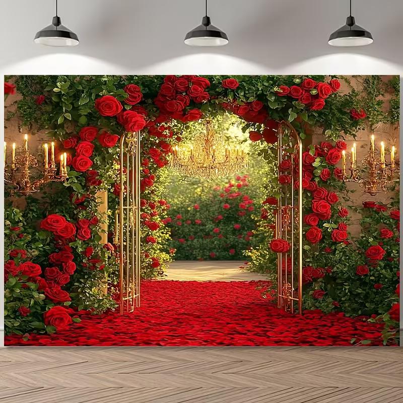 2D Romantic Celebration Backdrop, Red Rose Garden Arch for Wedding & Engagement