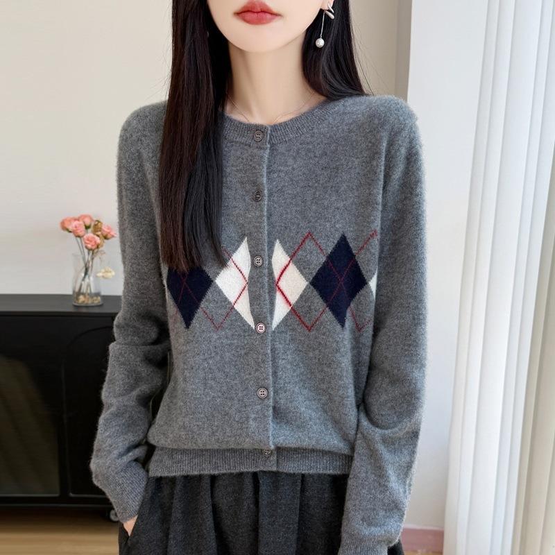 New Autumn-winter Round-neck Diamond-patterned Knitted Cardigan, Loose-fitting Women's Long-sleeved Sweater, Long Coat Top