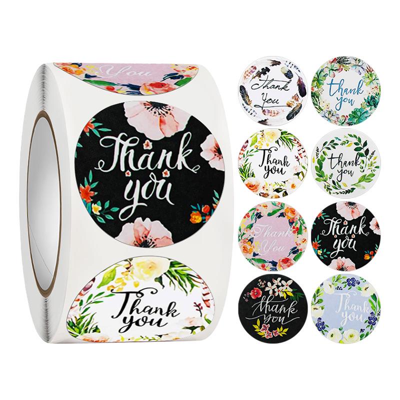 500-Roll 3.8cm Floral Thank You Stickers: Round Adhesive Labels for Gift Wrapping & Sealing