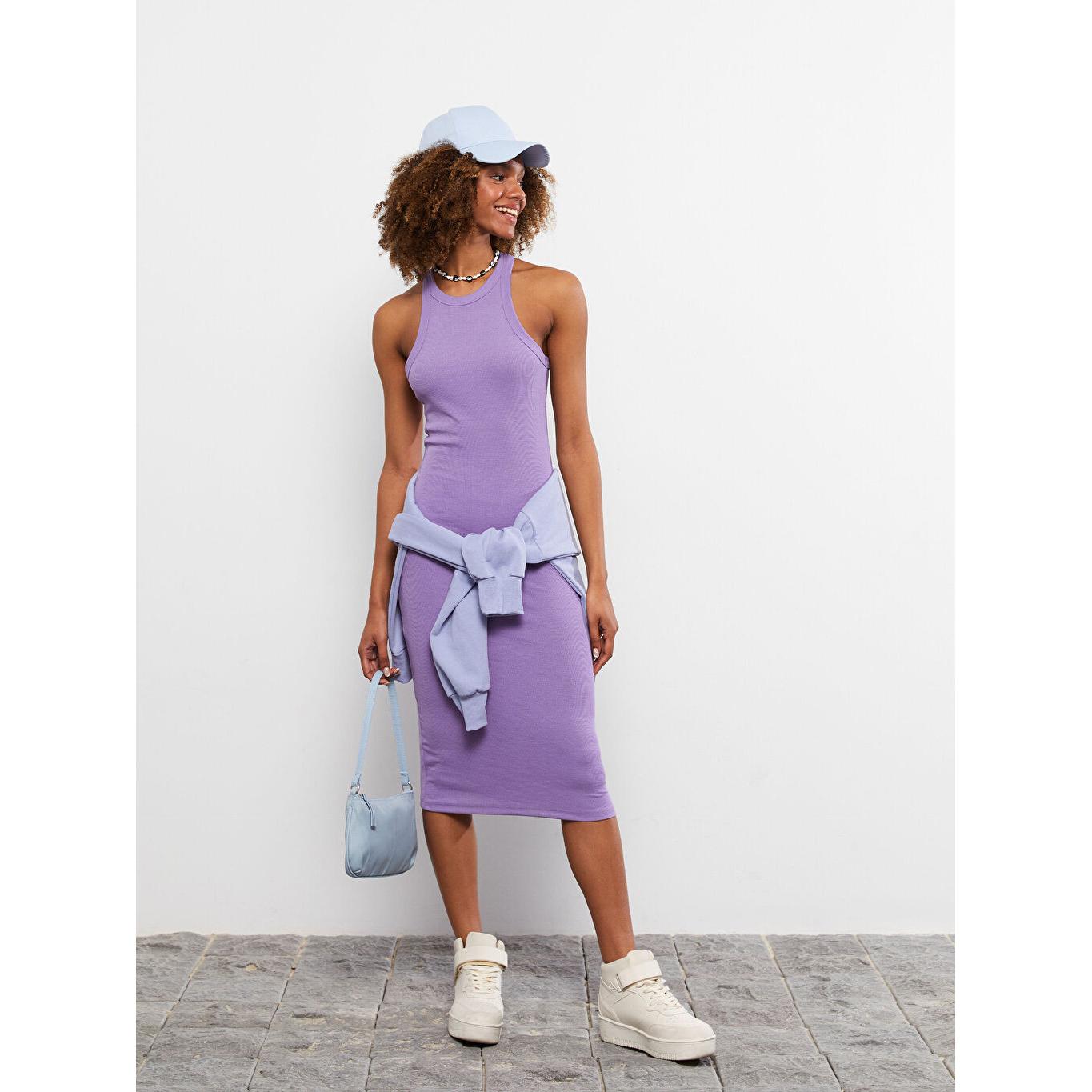 

LCW CASUAL Однотонное женское платье с круглым вырезом Сиреневое