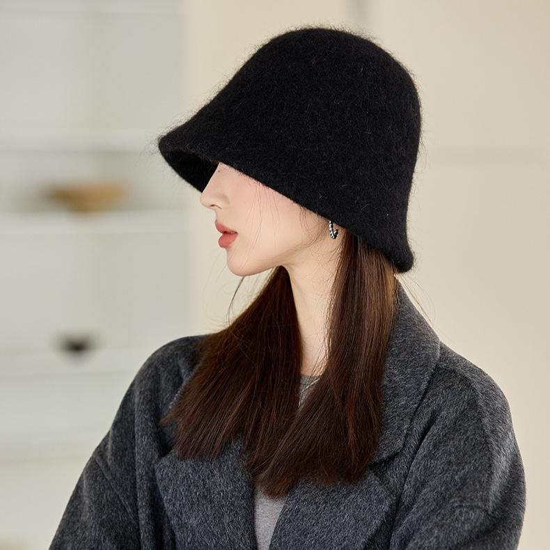 Autumn and Winter Hat Women's Solid Color Knitted Wool Hat Fleece Warm Bucket Hat Bucket Hat