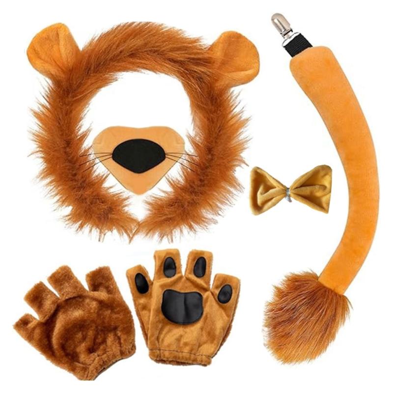Animal Cosplay Costume for Kid Birthday Cosplay Party, Halloween Lion Dress up Costume, Lion Hairband, Tail, Bowtie