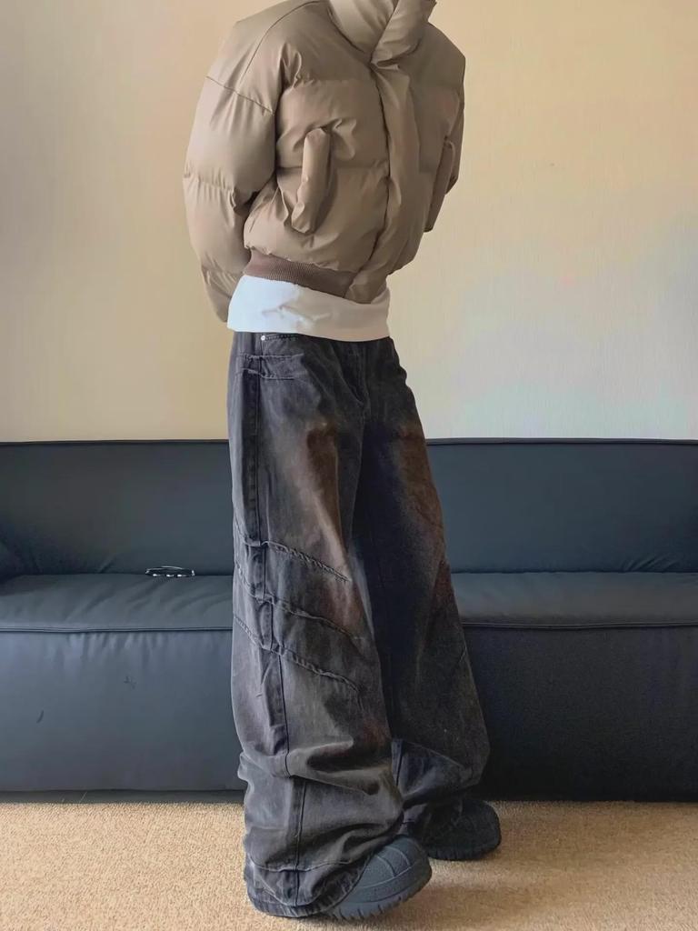 Vaqueros Unisex Americanos Retro Desgastados de Peso Pesado Wasteland: Pantalones plisados rectos holgados de pierna ancha de moda hip-hop