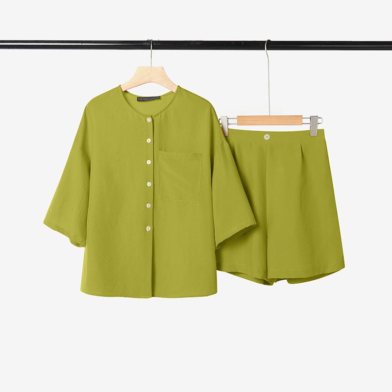 

ZANZEA Женский летний комплект из двух предметов: блузка с коротким рукавом и шорты 5XL зелёный