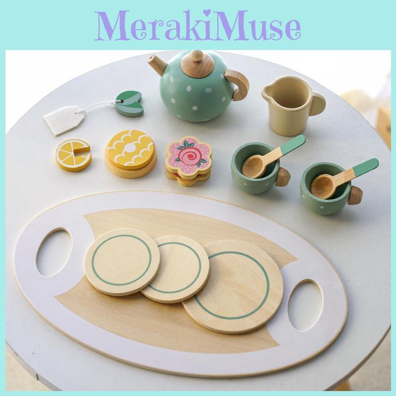 Set Wooden Tea Toddlers Play Party Children Food Dessert Tray Kitchen Teapot