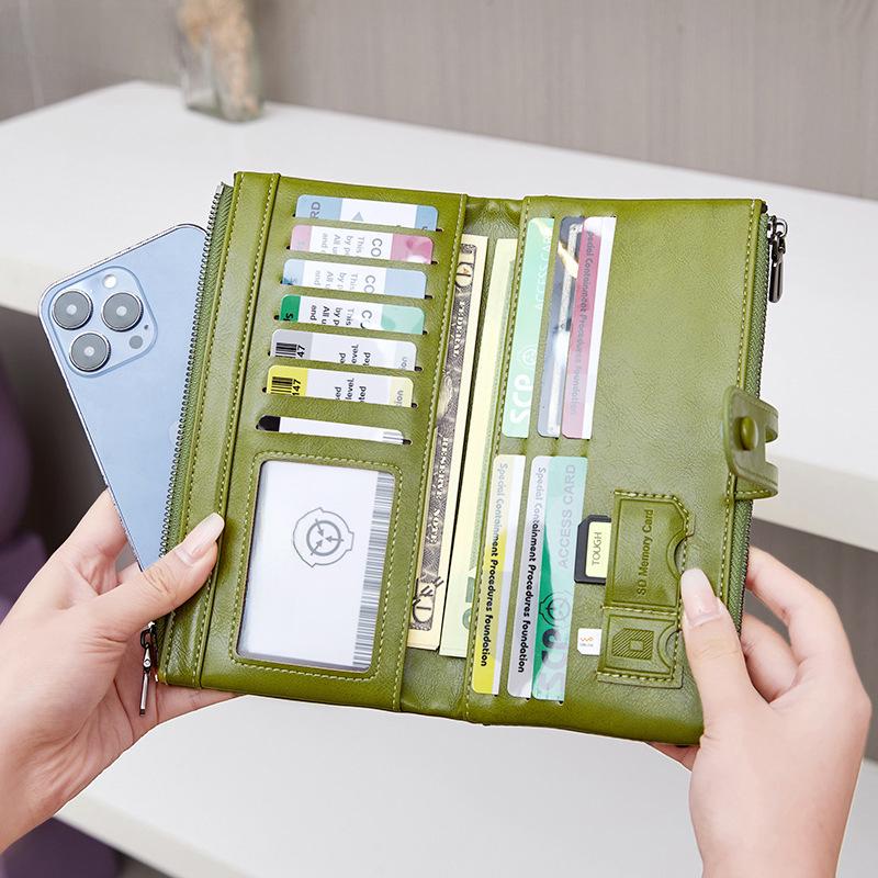 Portofel Lung & Plic Dublu cu Fermoar, Anti-Furt RFID, din Piele Cerată pentru Femei - Stil Retro European & American