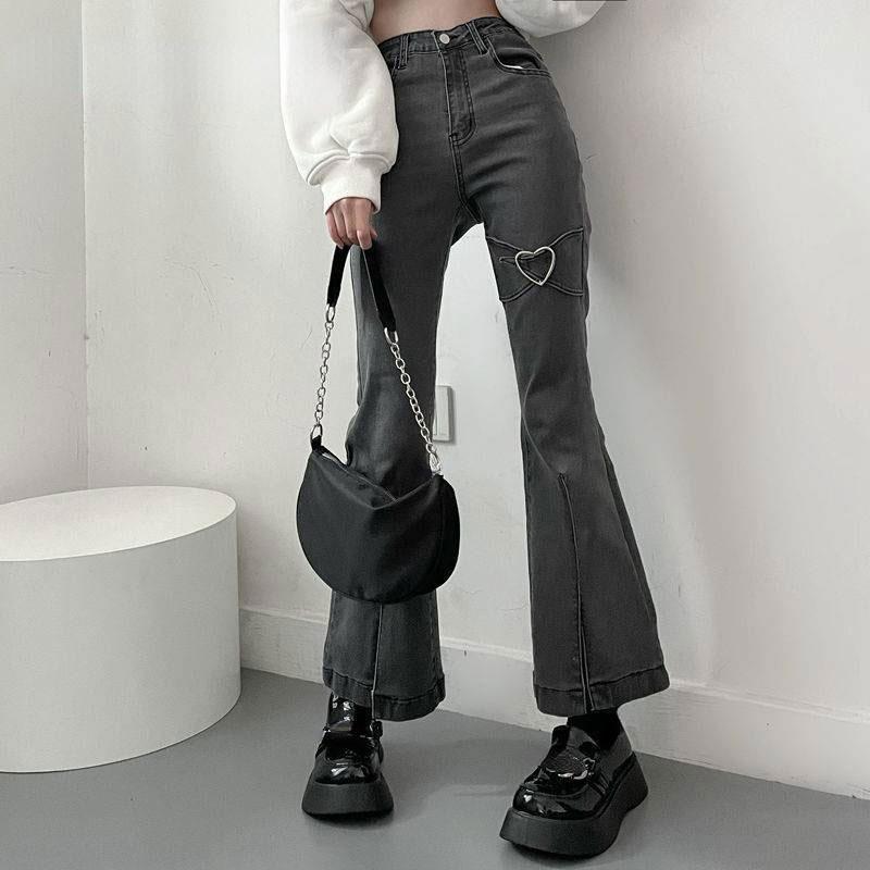 Love Metal Gray Women Jenas High Waist Flares Pants 2022 New Fashion Y2K Vintage Cute Sweet Casual 2000s E Girl Female Clothes