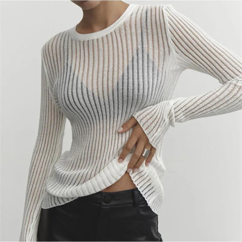Women O-Neck Long Sleeve Knitted Pullover Sweaters Spring Female Breathable Loose Knitwear T-shirt Tops