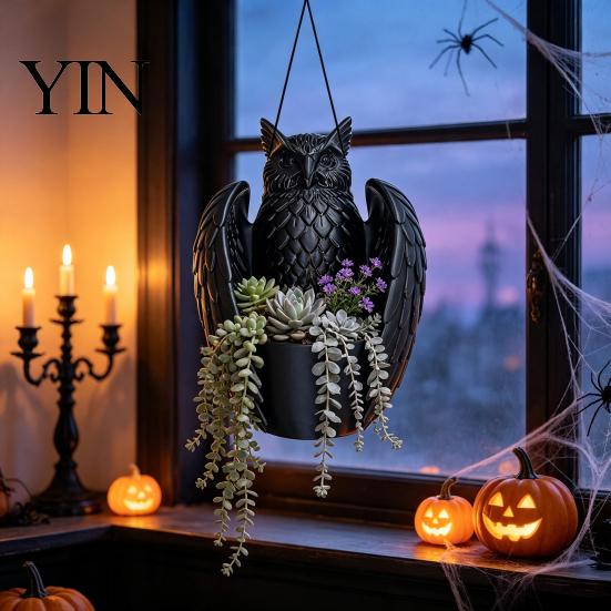 Halloween Garden Accessories Hanging Bat Plant Pot, 3D Printed Owl Planter, Whimsical Porch Decor Gothic Holder for Trailing Vines, Home Balcony