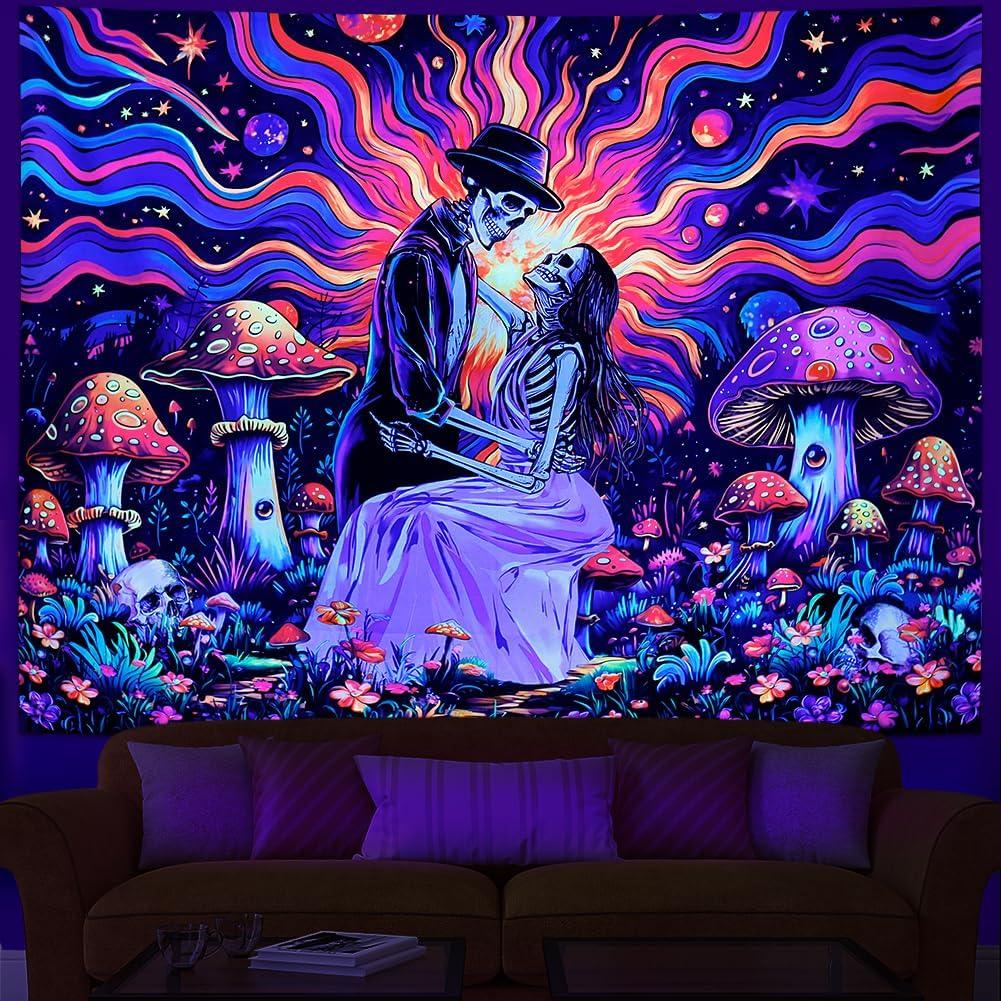 Heopapin Blacklight Skeleton Couple Tapestry UV Reactive The Lovers Skull Wall Hanging Tapestry Romantic Cosmos Galaxy Aesthetic Tapesties for Living