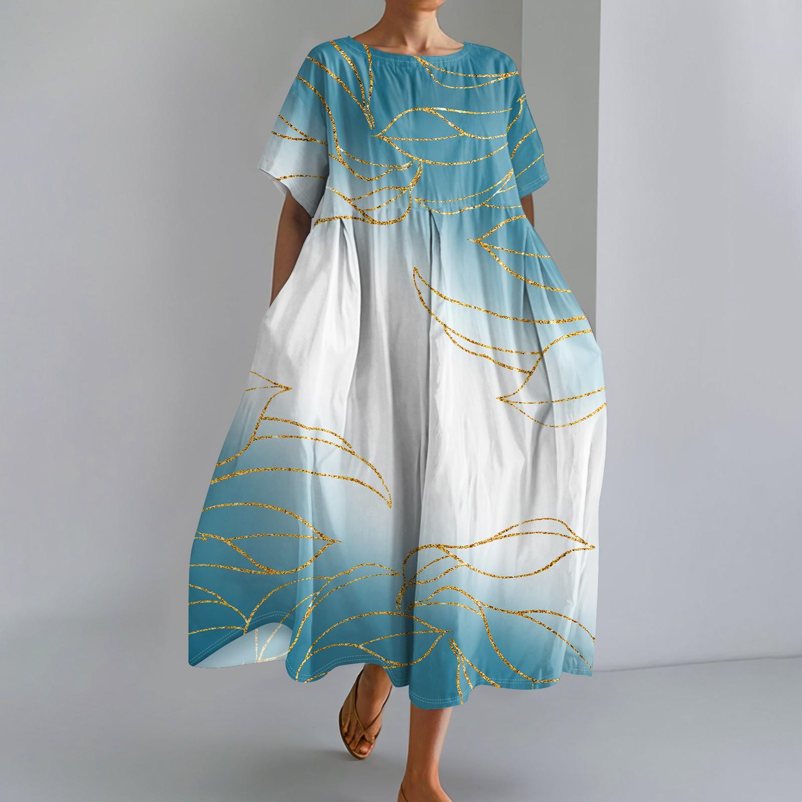 

Женское модное платье с круглым вырезом и короткими рукавами с градиентным принтом и свободным подолом XXXL небесно-голубой