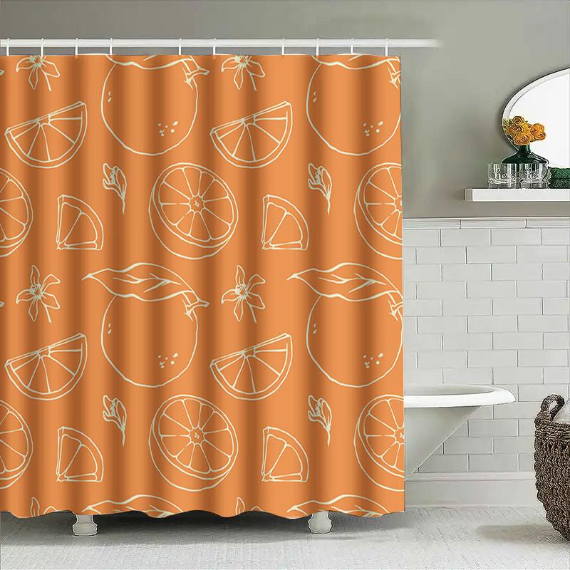 Modern Orange Shower Curtain With Leaves Design For Bathroom Decor Set Includes 12 Hooks In White Peachy Yellow Tone Home Decora