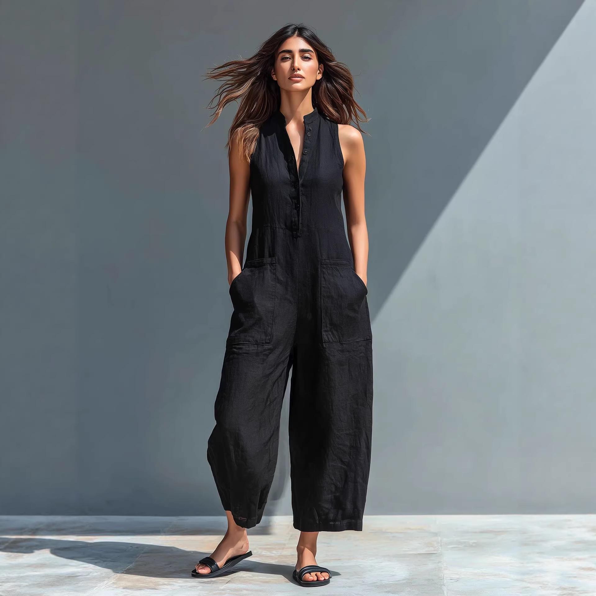 In-Stock Women s European & American Style Sleeveless Stand Collar Button Jumpsuit - Vacation Ready S