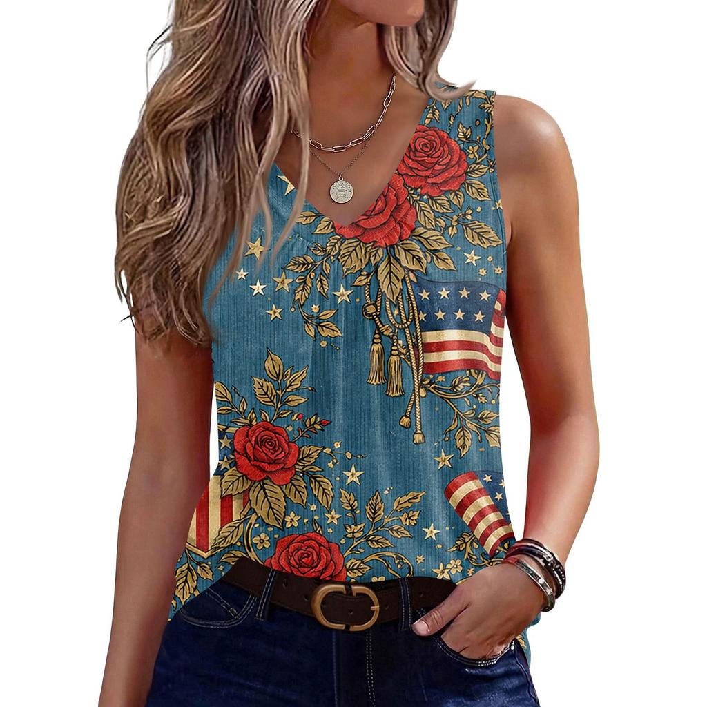 Women’s Sleeveless V Neck Tank Top with 250th Anniversary 1776 2026 and Floral Print Casual Summer Blouse Shirt