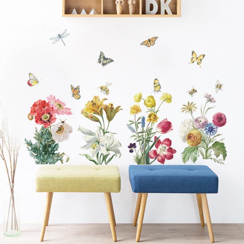 Wall  Sticker, Bright Flower Green Leaf Cluster Colored Butterflies Decoration Painting, Bedroom
