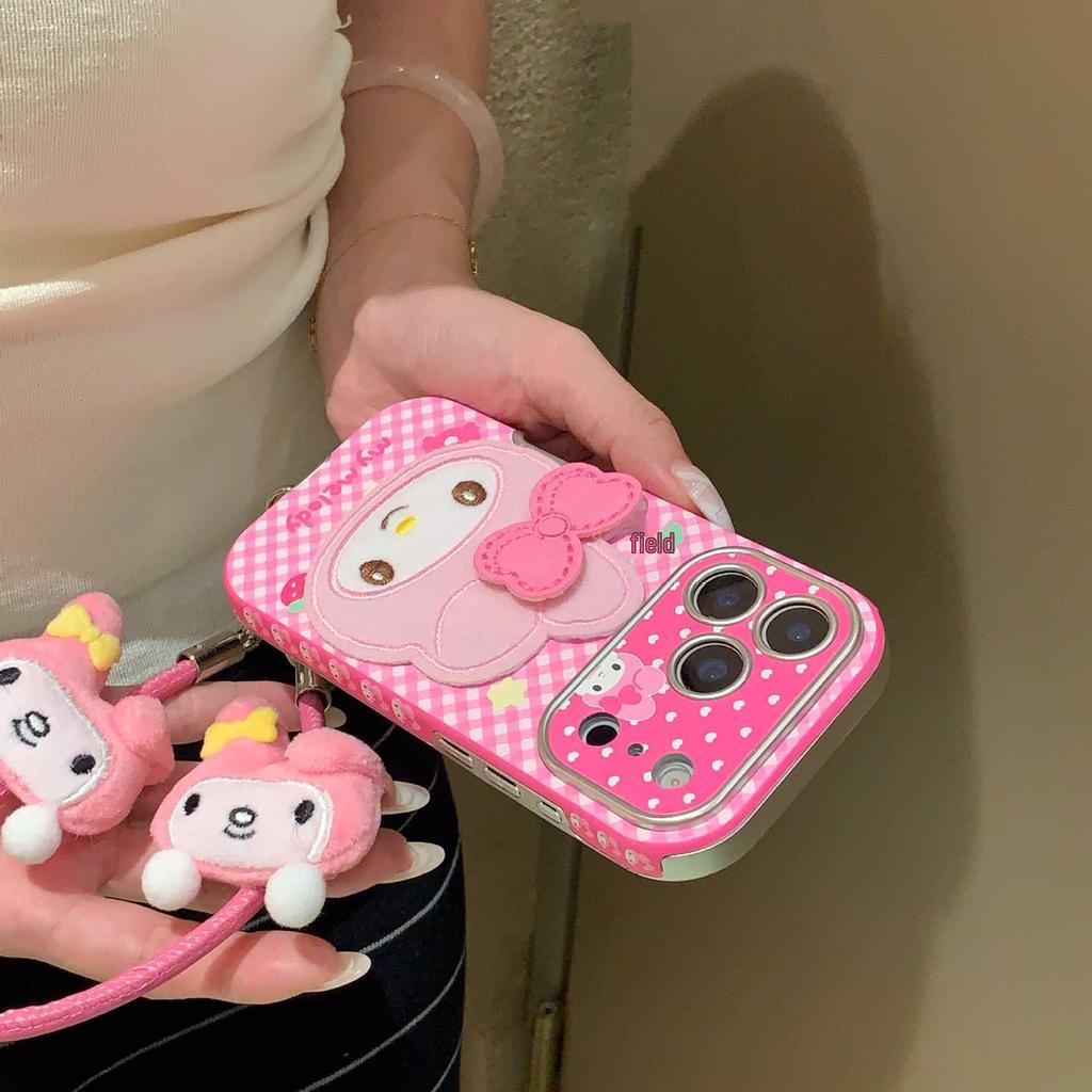 Sweet Girl Pink Plaid Cartoon Hand Strap Phone Case for iPhone 17/16 Pro Max/15/14