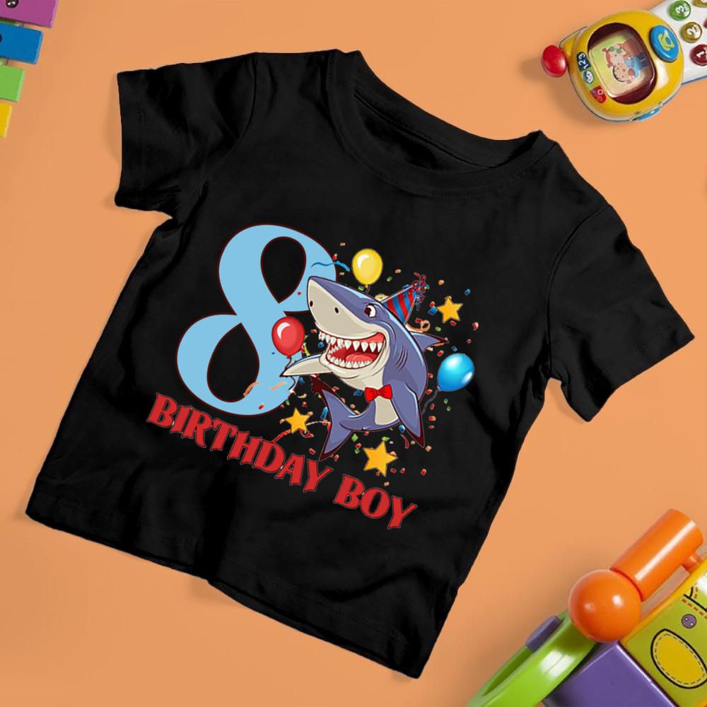 Shark Birthday Digital Funny Print Children's Short Sleeve T-shirt Suitable for Everyday Wear In Summer