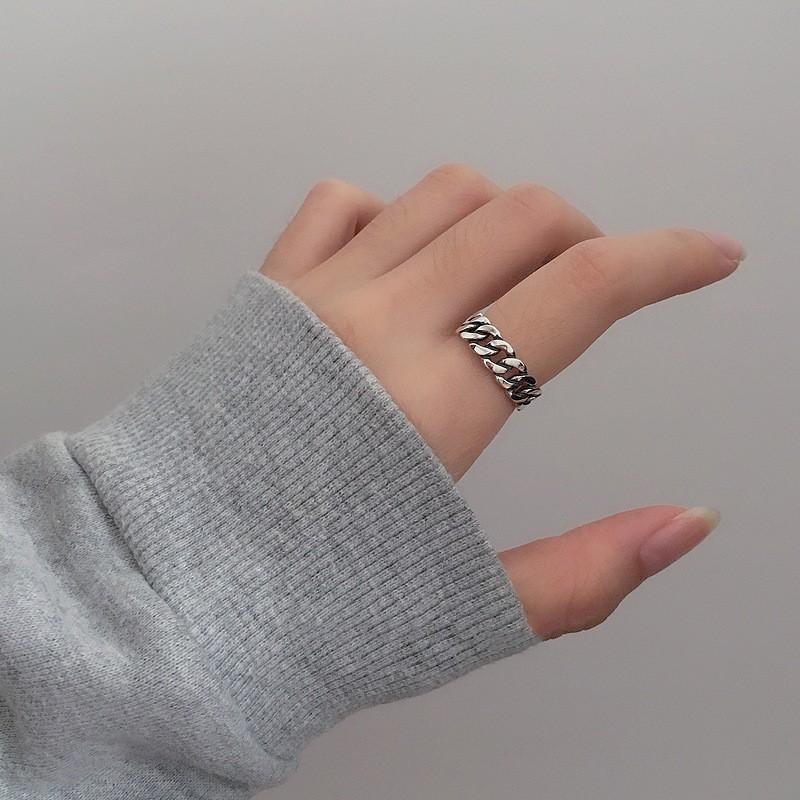 Adjustable Sterling Vintage Chain Link Ring Men Women Retro Geometric Design Minimalist Couple Jewelry