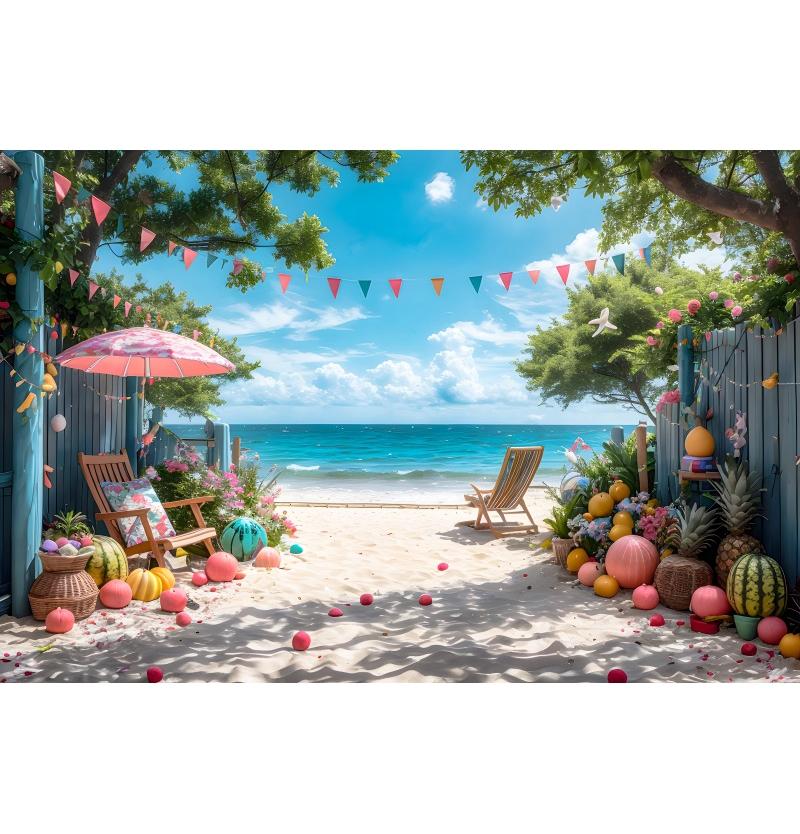 Summer Seaside Party Backdrops For Photography Tent Fruits Beach Palm Trees Holiday Camping Party Background Decor Photo Studio