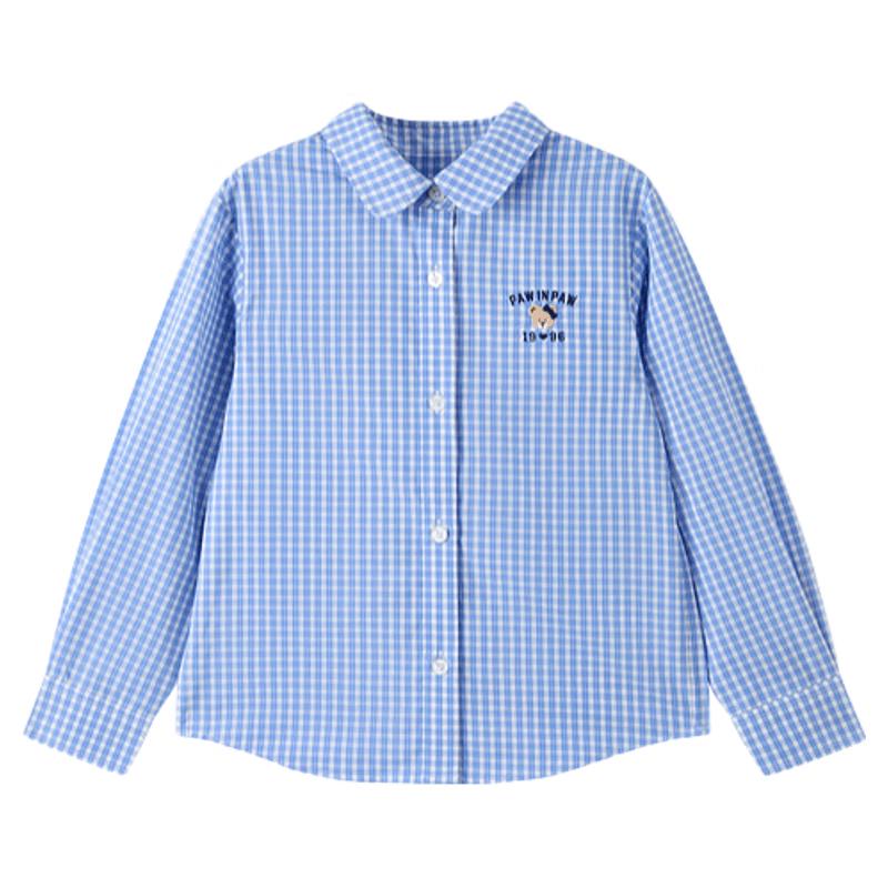 PawinPaw Girls' Cool-Touch Cartoon Bear Plaid Lapel Shirt