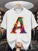 Liquid Art Letter A Print Unisex Short Sleeve Tshirt Colorful Alphabet Pattern O Neck Tee Modern Art Male Street Fashion Tops
